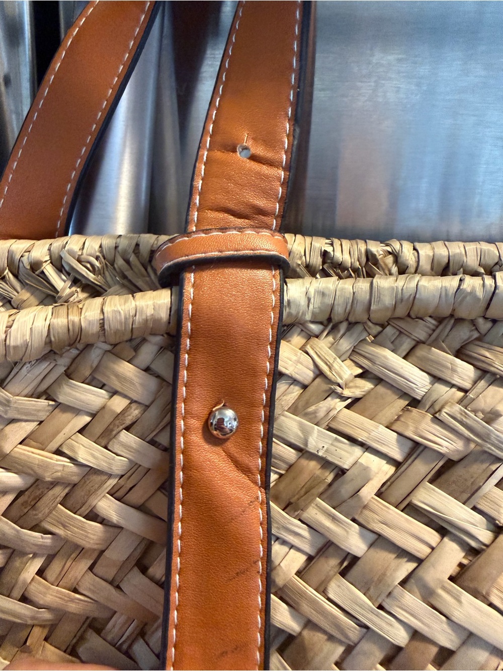 Woven Straw Tote with Tan Leather Handles - Picture 3 of 5